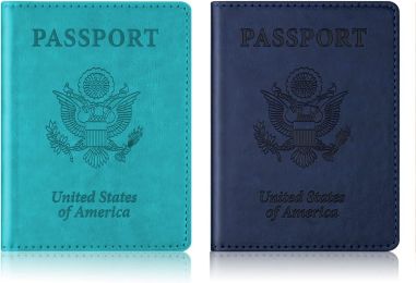 Passport Holder with Vaccine Card Slot Holder for Men & Women, Waterproof PU Leather, Dark Blue & Sky Blue, 2 Pack